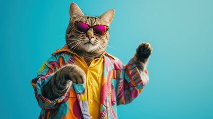 Happy cat dancing wearing colorful clothes and sunglasses on pastel blue. generative AI
