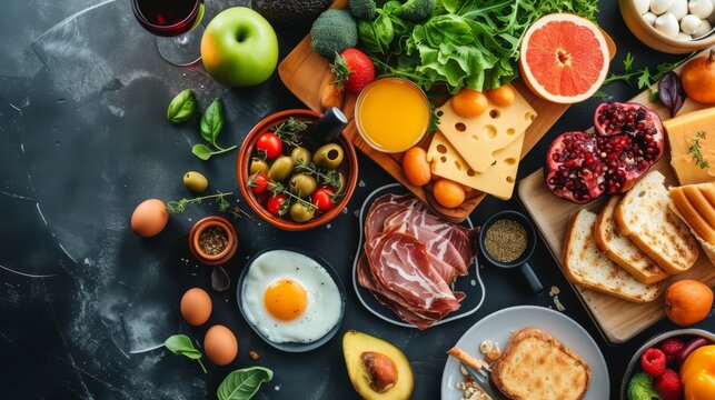 "Vari&eacute;t&eacute; d'aliments sains sur surface sombre: fruits, l&eacute;gumes, prot&eacute;ines, glucides, olives, jus d'orange, eau."
