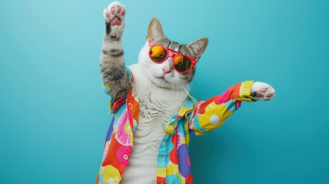 Happy cat dancing wearing colorful clothes and sunglasses on pastel blue. generative AI