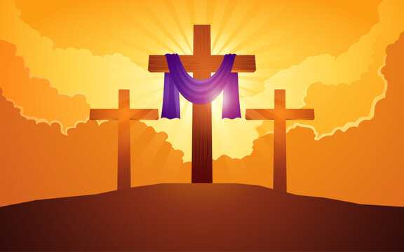 Biblical vector illustration series, wooden cross with purple sash on the hill with dramatic clouds background, for Good Friday, resurrection, easter, Ash Wednesday, christianity theme - Powered by Adobe