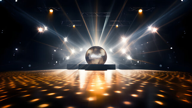 Music stage. Dance floor. Disco ball show performance begin with lighting and amplifier isolated on white background. Generative AI.