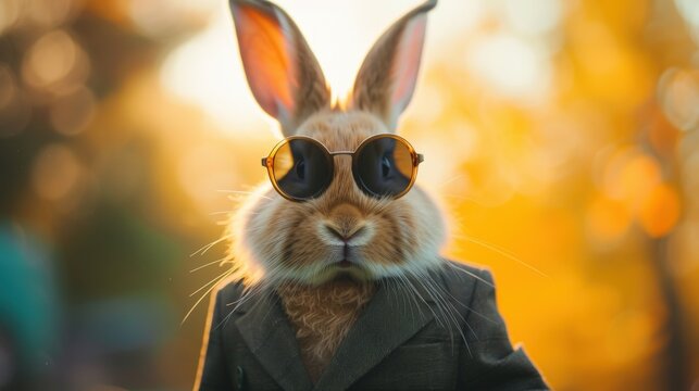 Portrait of a rabbit wearing classy clothes and sunglasses on bokeh background. generative AI image