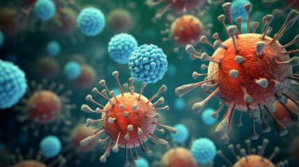 Naklejka na ściany i meble Viruses and leukocytes under a microscope 
