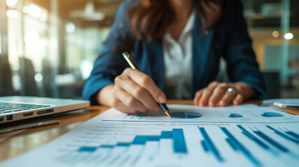 Businesswoman Analyzing Financial Report, Data, Charts, and Success
