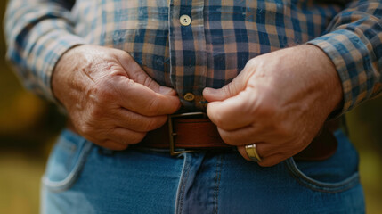 Close-up of a senior man's hands fastening a brown leather belt on jeans.