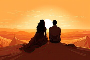 romantic couple sitting on the dunes in desert landscape illustration