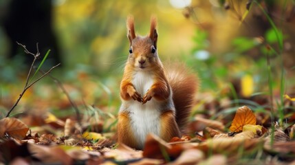 Naklejka na ściany i meble Portrait of a wild funny red squirrel standing in the forest. generative AI image