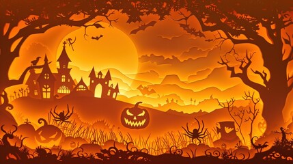 Halloween pumpkin head jack lantern, Spooky Forest with a full moon, generative AI