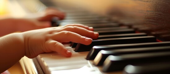 Obraz premium Close up of Children's Fingers Skillfully Playing Piano Keyboard