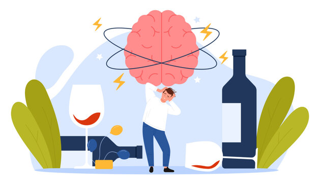 Hangover from alcohol overdose. Tiny drunkard suffering from dizzy problem and nausea, unhappy man with mental stress and strong migraine after booze and liquor party cartoon vector illustration