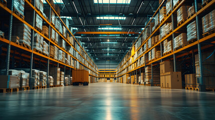 Fototapeta premium Stockpile Symphony: Experience the rhythm of commerce within a modern logistic storage depot, capturing the essence of a port dock warehouse filled with stock and buzzing with shipping and transportat
