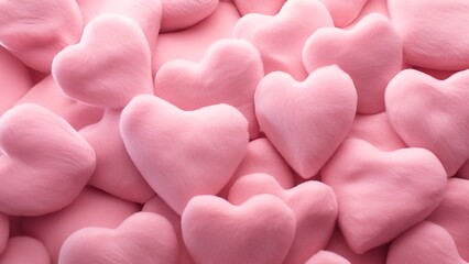 Obraz premium Valentines day background of pink soft plush in the form of hearts, Flatlay style with minimalistic design. Template for banner or party invitation. Generative AI
