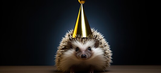 A festive hedgehog wearing a birthday hat, joyfully engaged in the celebration, with plenty of space for additional content.