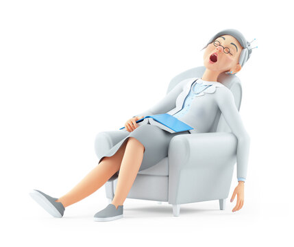 3d granny sleeping in armchair after reading book
