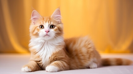 A cute ginger cat on a yellow background.