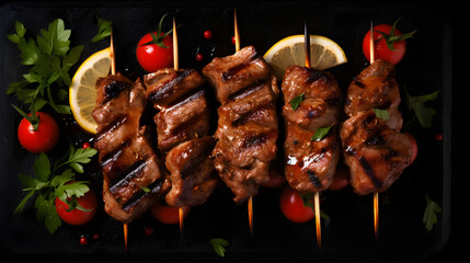 Grilled meat skewers (shish kebab) on black background