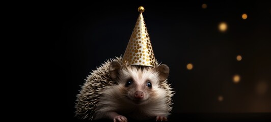 Obraz premium A festive hedgehog wearing a birthday hat, joyfully engaged in the celebration, with plenty of space for additional content.