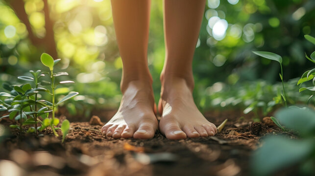 A close-up of a person's feet in a grounding yoga pose, emphasizing connection to the earth