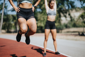 Obraz premium Active lifestyle athletes doing jumps and stretching outdoors in a park, enjoying a sunny day surrounded by nature.