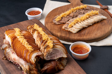 Korean food, bossam, suyuk, garlic, pork, steamed pork, jokbal, feet, ssamjang,