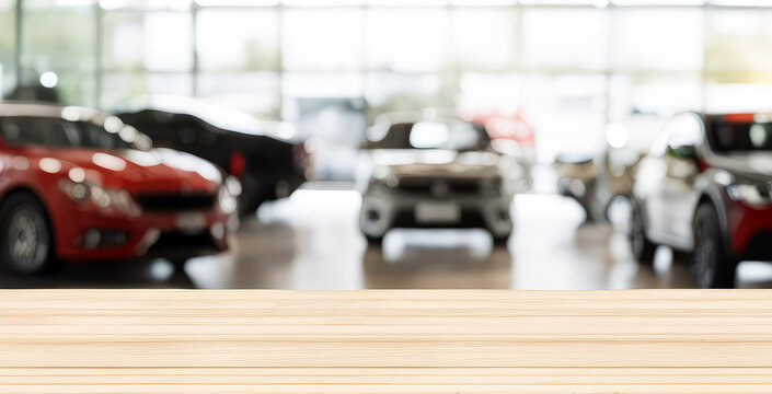 Empty wood table top with cars in showroom car dealership blurred defocused background for product display montage.AI generated.