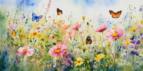 Watercolor painting of wildflowers and butterflies on sky background.