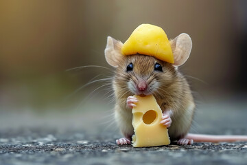 tiny mouse wearing a cheese hat and carrying a piece of cheese