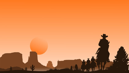 Vektor Western Silhouetten - USA Landschaft Wildwest - 4 Männer mit Cowboyhüten reiten auf Pferden