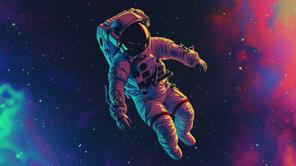 Cool looking  astronaut floating in the space. Colorful comic style illustration. - obrazy, fototapety, plakaty
