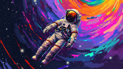 Cool looking  astronaut floating in the space. Colorful comic style illustration.