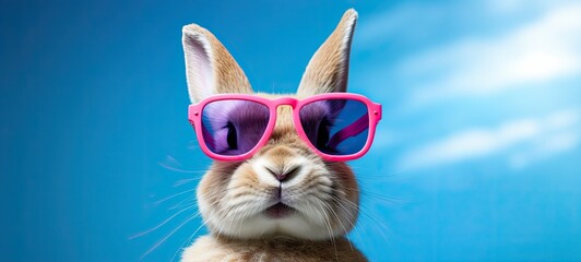 Naklejka premium The cuteness factor soars as a rabbit poses confidently in sunglasses against a backdrop of bright blue.