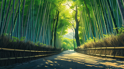 Beautiful scenic view of Arashiyama bamboo grove in Kyoto Japan during sunrise in landscape comic style.