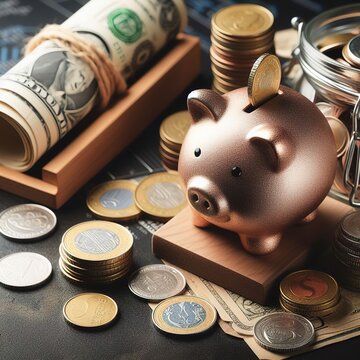 Saving Concept. Selective focus on the money and coins isolated on black background