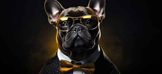 A humorous scene unfolds as a dog dons sunglasses against a dark backdrop, showcasing its fashionable attire.