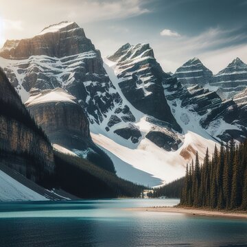 Snow capped moutains and glacier at Lake Louise in Banff National Park, Alberta