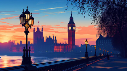 Naklejka premium Beautiful scenic view of Big Ben in London during sunrise in landscape comic style.