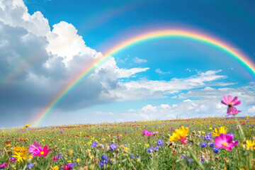 rainbow over a field of wildflowers, with a blue sky and white clouds