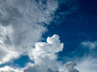 Blue sky fluffy white clouds on summer season bright clear skyline with beautiful cloudscape. Panorama blue sky clouds pattern on daylight with copy space. Cumulus cloudscape air climate sunny day © aFotostock