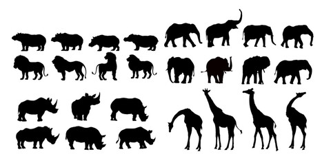 Set of African animals silhouettes, Elephant, hippopotamus, giraffe, rhinoceros, lion, different poses