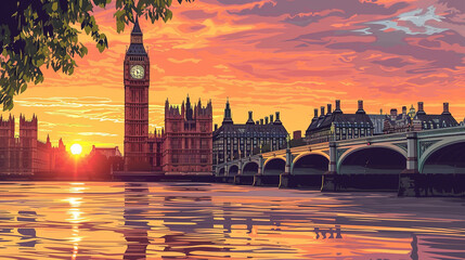 Fototapeta na wymiar Beautiful scenic view of Big Ben in London during sunrise in landscape comic style.