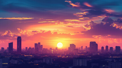 Fototapeta na wymiar Beautiful scenic view of Bangkok, Thailand during sunrise in landscape comic style.