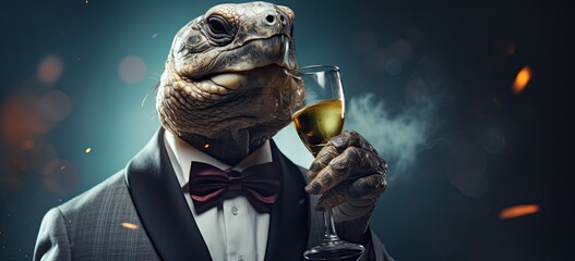 A comical turtle dressed in a suit and bow tie, holding a champagne glass, exuding charm and humor.