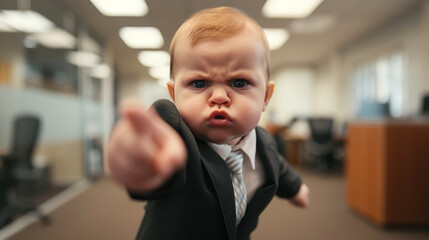 cool looking angry baby in business suit and tie pointing finger toward camera in the office. - obrazy, fototapety, plakaty