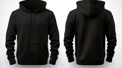 Black classic Hoodie front and back in pure black without logo on white background - obrazy, fototapety, plakaty