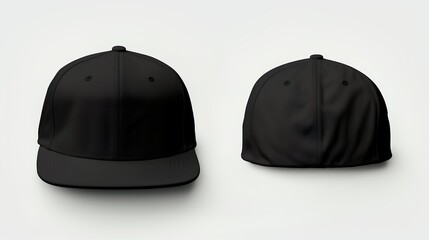 Black classic Snapback front and back in pure black without logo on white background
