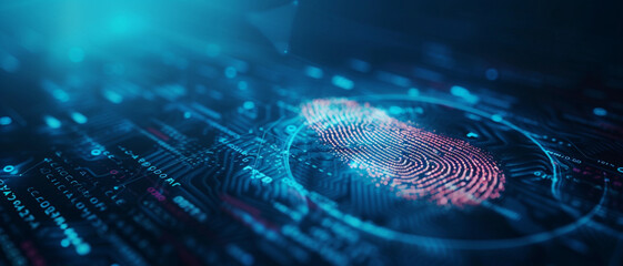 A digital fingerprint overlay on a circuit board highlights cybersecurity and biometric...