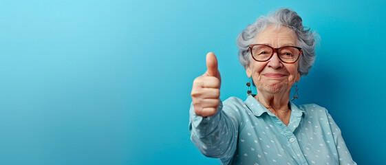 A spirited elderly lady gives a thumbs-up, her lively expression against a crisp blue backdrop radiating positivity