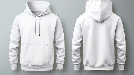 White classic Hoodie front and back in pure white without logo on grey background 