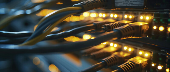 A close-up of network cables and lights, depicting the pulsing heart of modern communication technology