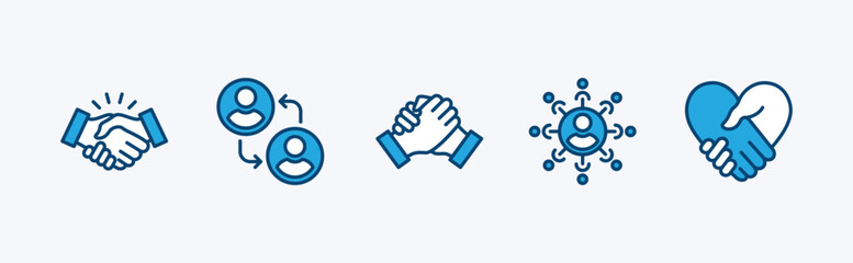 Relationship icon set. Containing handshake, agreements, connection, cooperation, teamwork, friendship, love, partnership. Vector illustration